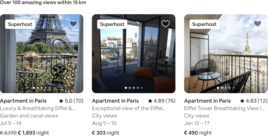 Screenshot of Airbnb listings