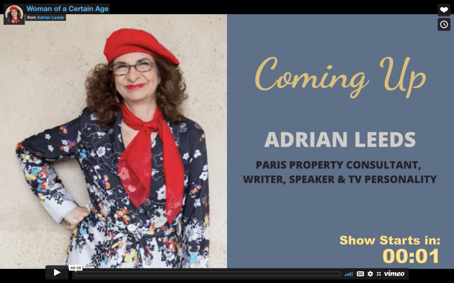 Screenshot of Adrian Leeds for her interview on Women of a certain age