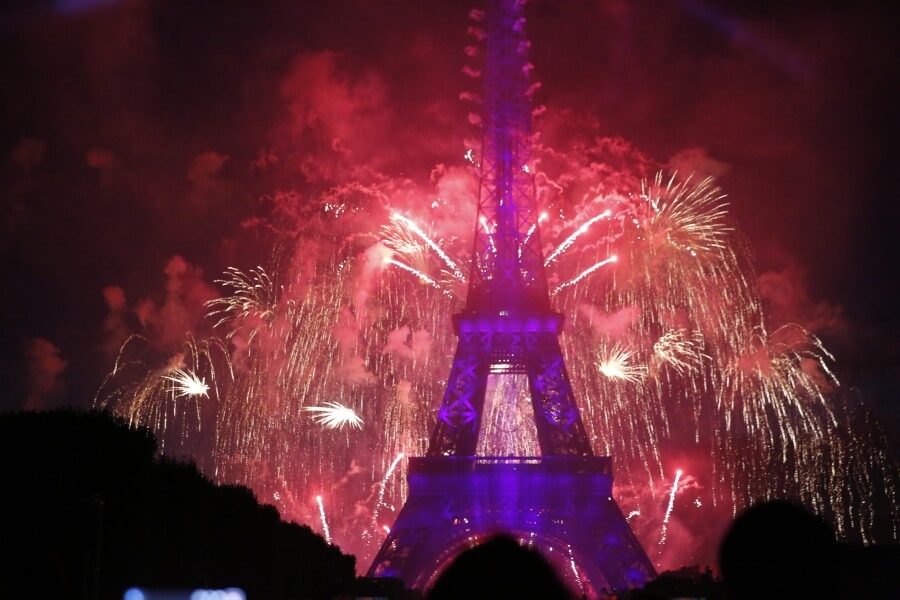 14th of July Eiffel Tower fireworks in Paris, France
