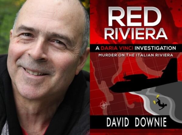 Photo of author David Downie next to the cover of his latest book Red Riviera