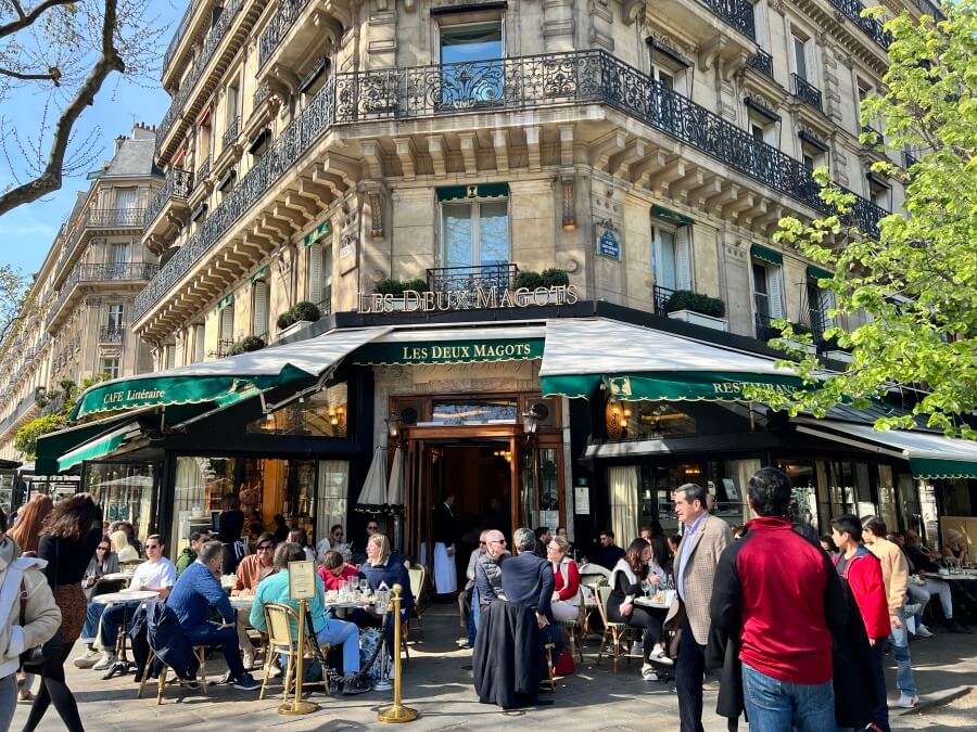 The exterior of Les Deuxs Magots in Paris, France