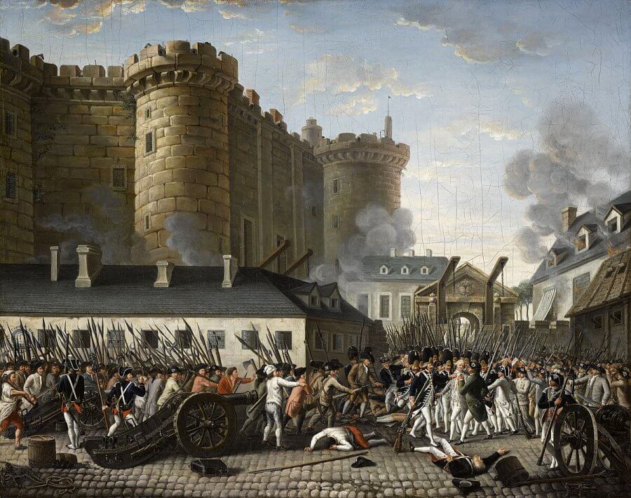 Vintage painting of the storming of the Bastille during the French Revolution