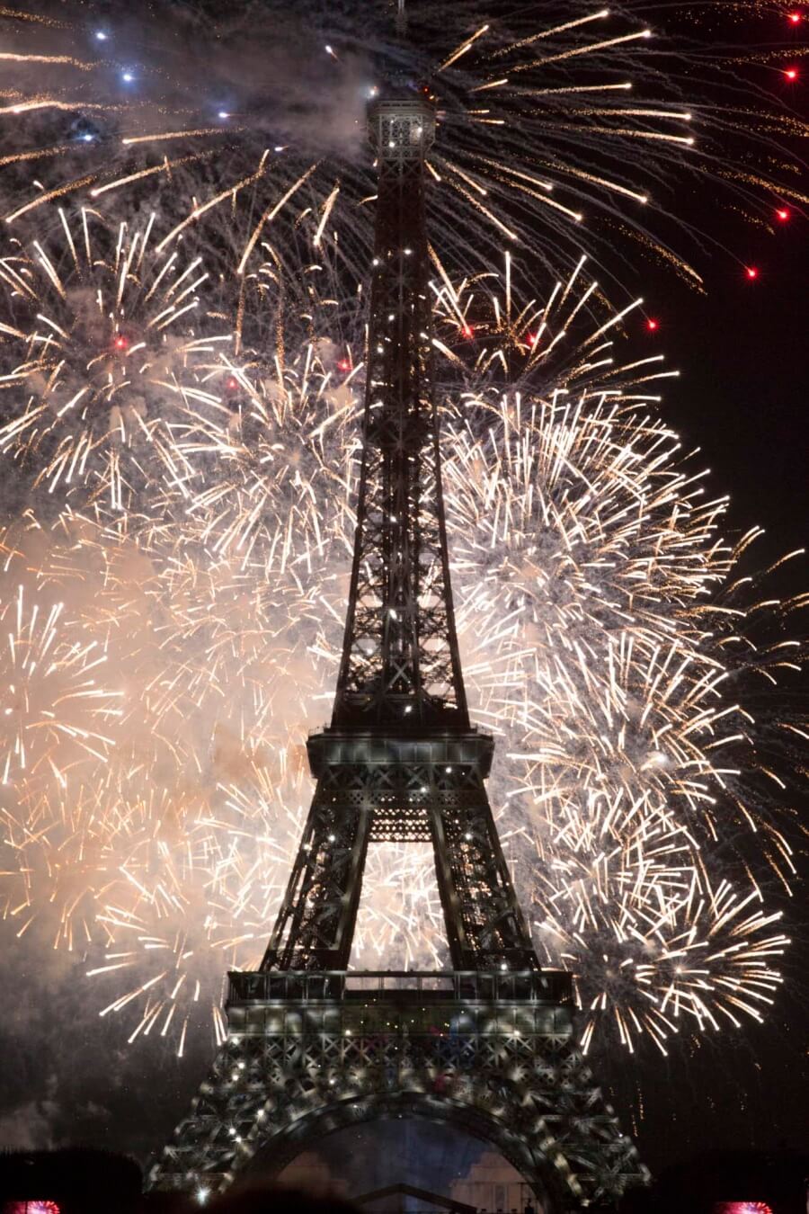Fireworks in back of the Eiffel Tower in Paris