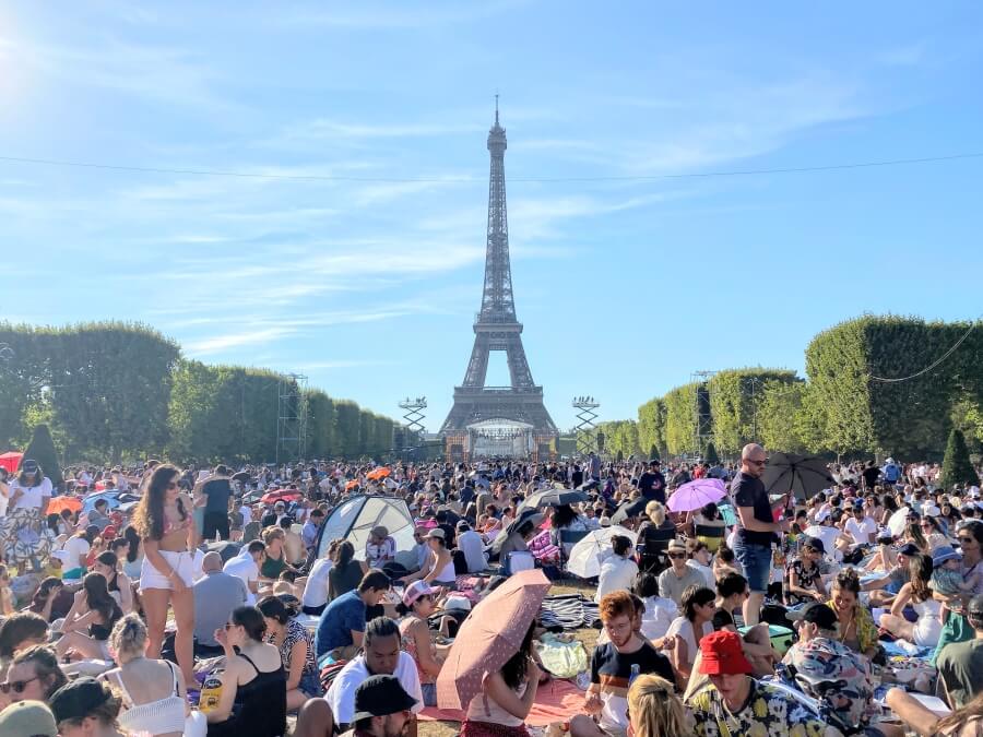 Champs de Mars view of the Eiffel Tower for July 14 in Paris