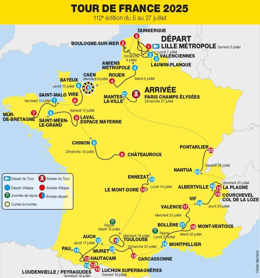 Map of the Tour de France circuit throughout France