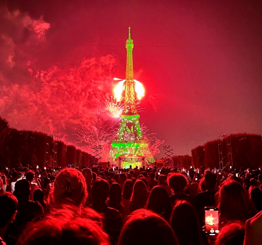 Fireworks and light show on the Eiffel Tower in Paris for Bastille Day