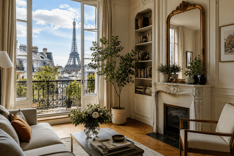 A Paris apartment with a view of the Eiffel Tower from the large window and balcony