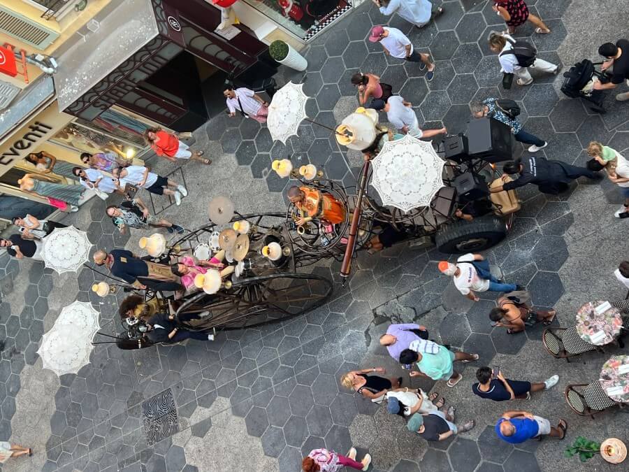 Aerial view of the L’Ethno Machine from Adrian Leeds' balcony down rue Masséna