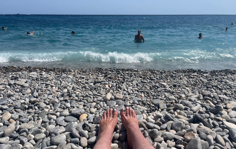 Adrian Leeds on the pebbled beach in Nice, France
