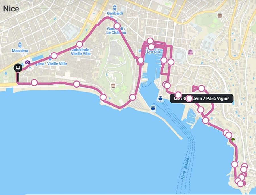 Google map of the 98 bus route in Nice, France