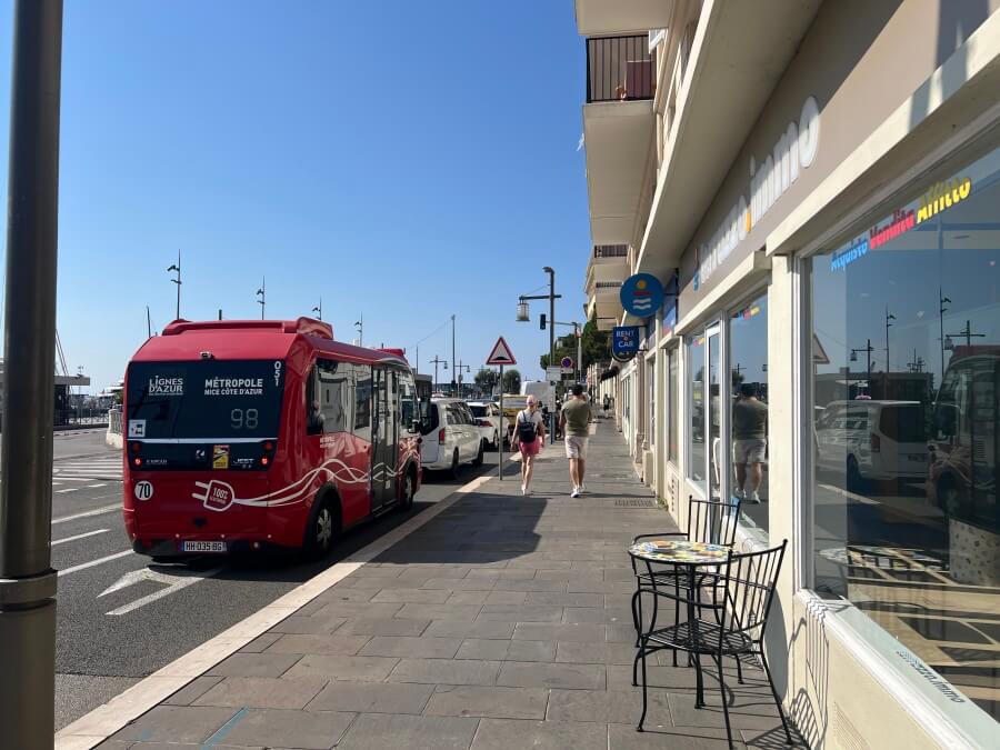 The 98 bus stop in front of the building of the new Fractional Property, La Perle du Port in Nice, France