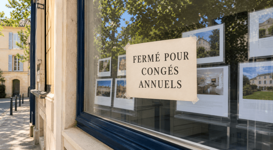 Sign in real estate office window in Paris announcing their summer break