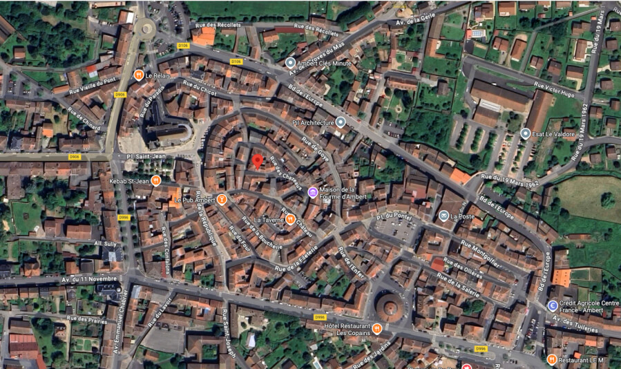 Bird's eye aerial view of Ambert, France