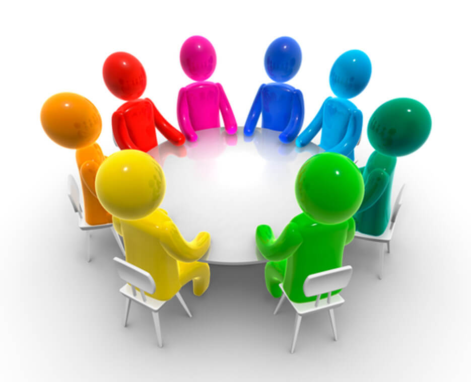 Colorful graphic of people sitting around a round table