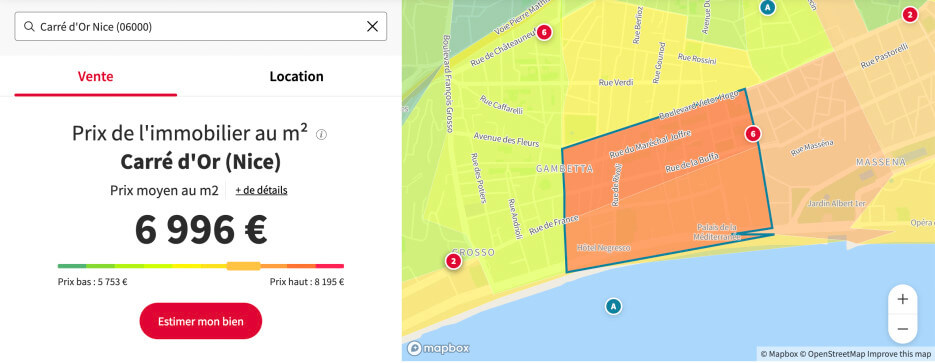 Map showing the Carré d'Or area in Nice with the average price per square meter for homes