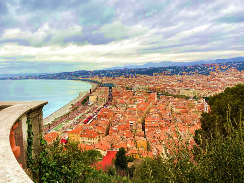 Hilltop view of Nice in the sunlight