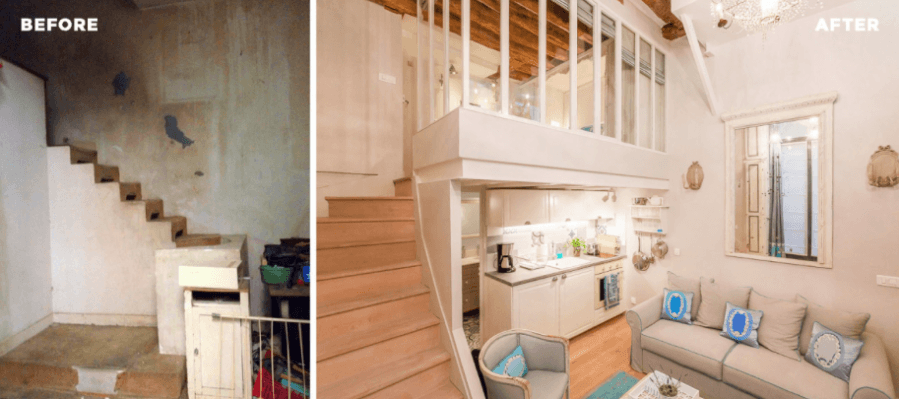 Before and after shots of an apartment interior by Martine di Mattéo