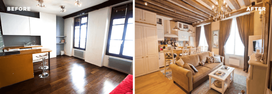 Before and after shots of an apartment interior by Martine di Mattéo