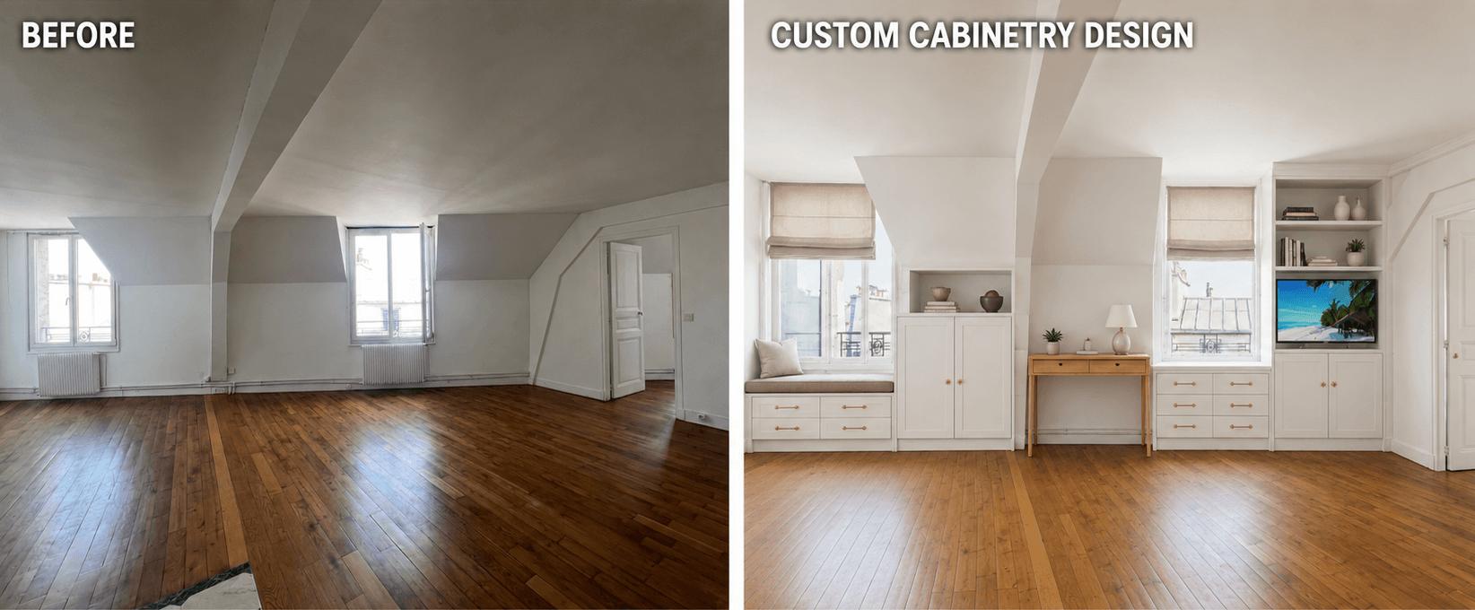 Adrian Leeds' daughter's apartment in Paris, before and the design for after