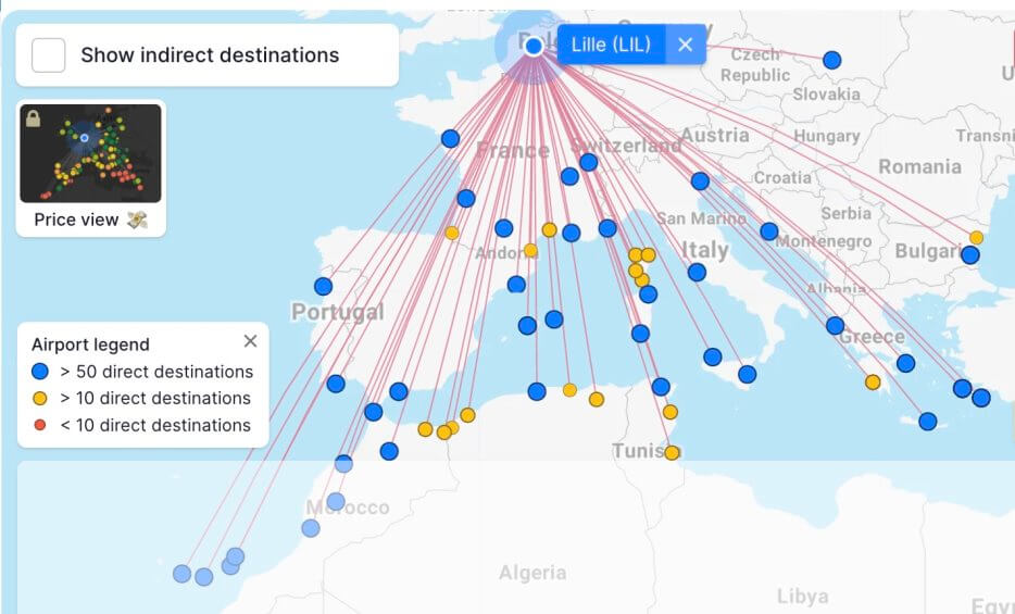 Map showing the destinations one can reach flying out of Lille international airport airport