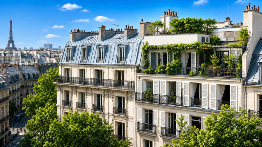 View of the Eiffel Tower in Paris from an apartment window
