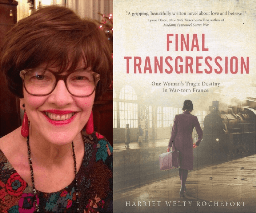 Composit with HarrietWelty Rochefort and the cover of her book Final Transgression 