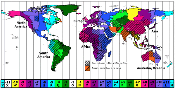 World map of different time zones