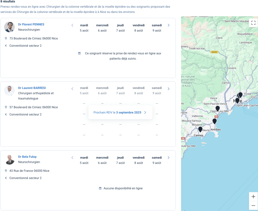 Map of search results for spinal specialists in Nice, France