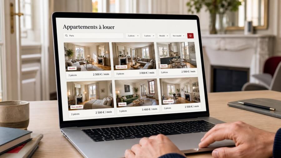 A laptop open to an apartment rental site online