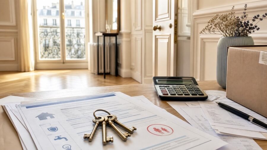 View inside a Paris apartment with a rental agreement and keys in the forefront