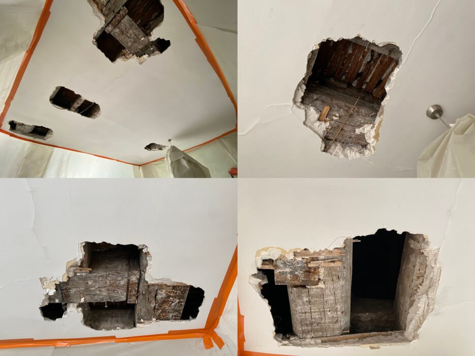 Holes in Adrian Leeds' Paris apartment from examinining the ceiling beams