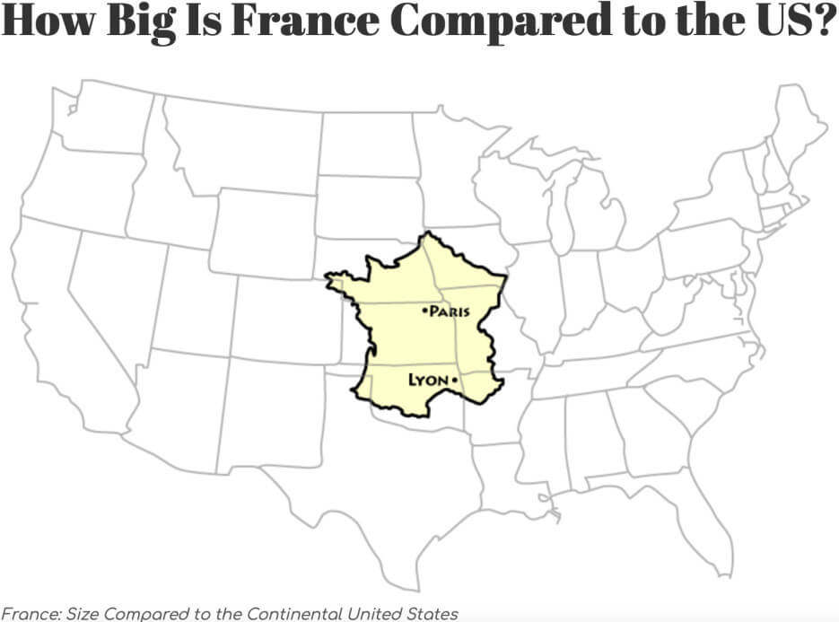 A map of France superimposed over a map of the United States to compare country sizes