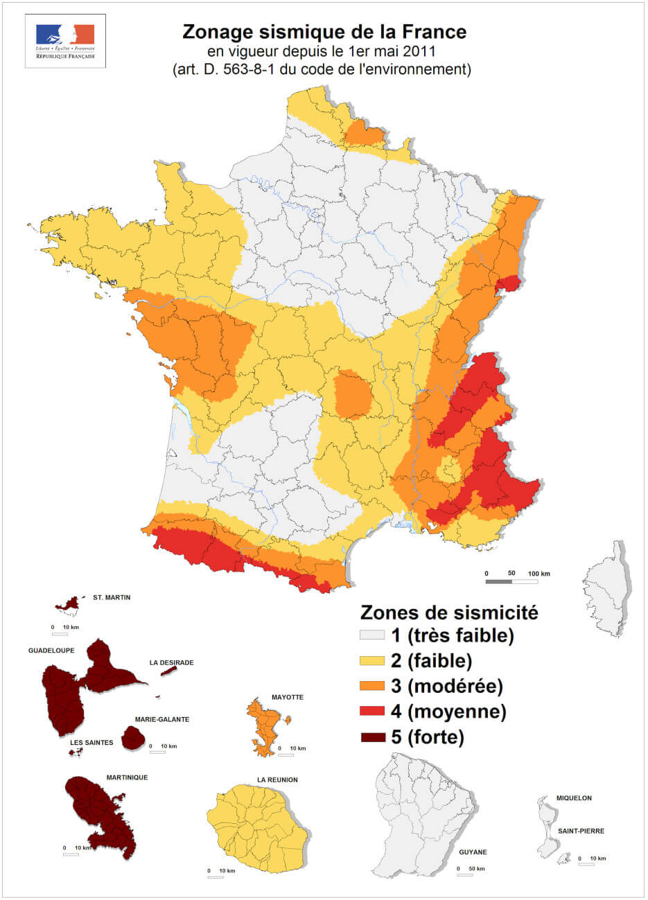 Graphic map of France showing the various seismic zones