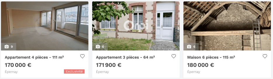 A few property listings for sale in Epernay, France