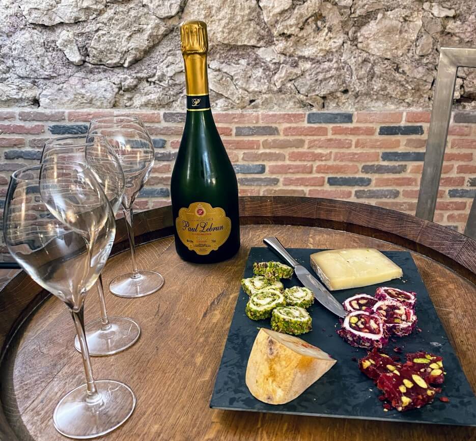 Champagne and cheeses at Paul Lebrun in Epernay, France