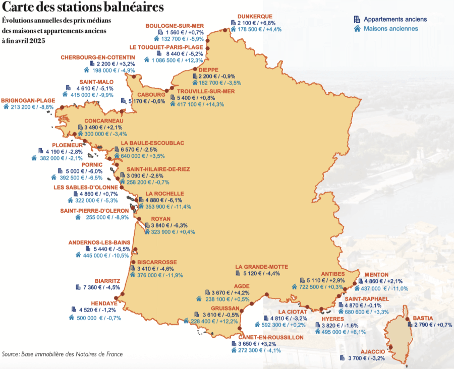 Map of France pinpointing the beachside communities