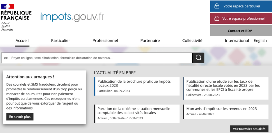 Screenshot of the French tax website