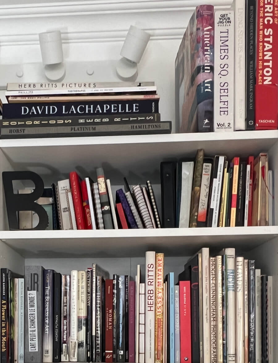 Numerous art books on the bookshelves in Adrian Leeds' Paris apartment