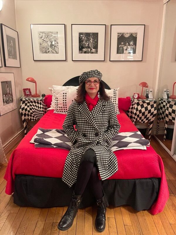 Adrian Leeds in her bedroom, well coordinated...