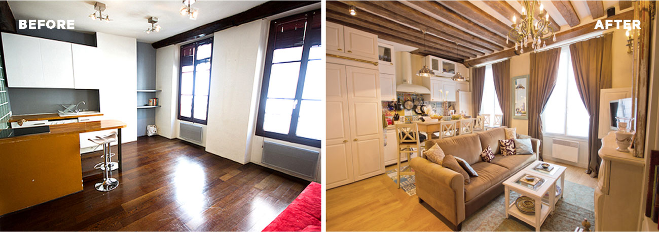Before and after of a renovated apartment