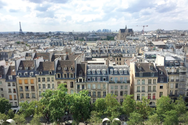 View of the Paris rooftops with Eiffel Tower in the distance
