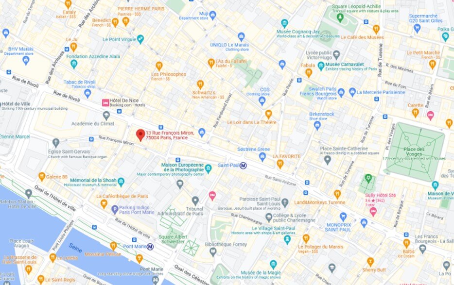 Google map showing the Miron studio apartment's location in Paris