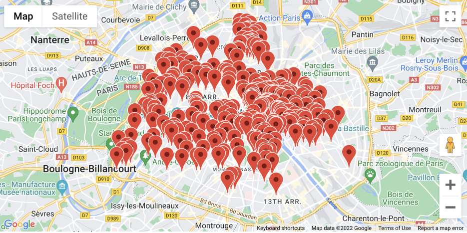 Google map showing rental properties available in Paris