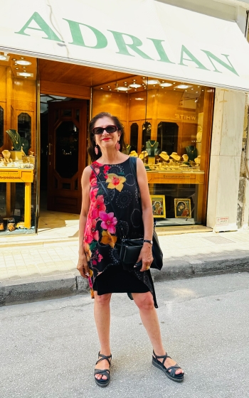 Adrian Leeds outside a shop in Paris called Adrian