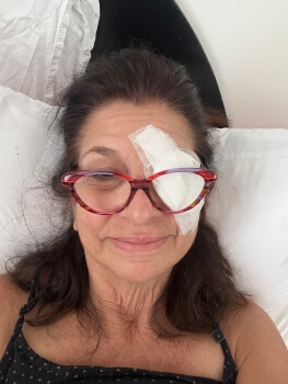 Adrian Leeds with and eye-patch following surgery