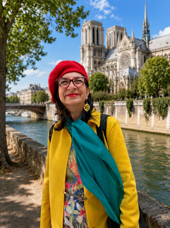 Adrian Leeds along the Seine with view of Notre Dame de Paris in the background