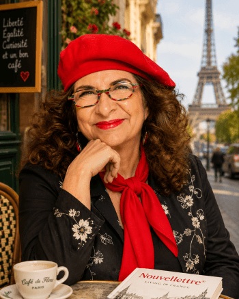 Adrian Leeds at a cafe in Paris with the Eiffle Tower in the background