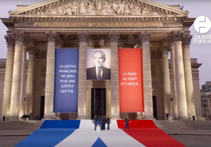 The Pantheon draped in banners honoring Robert Badinter