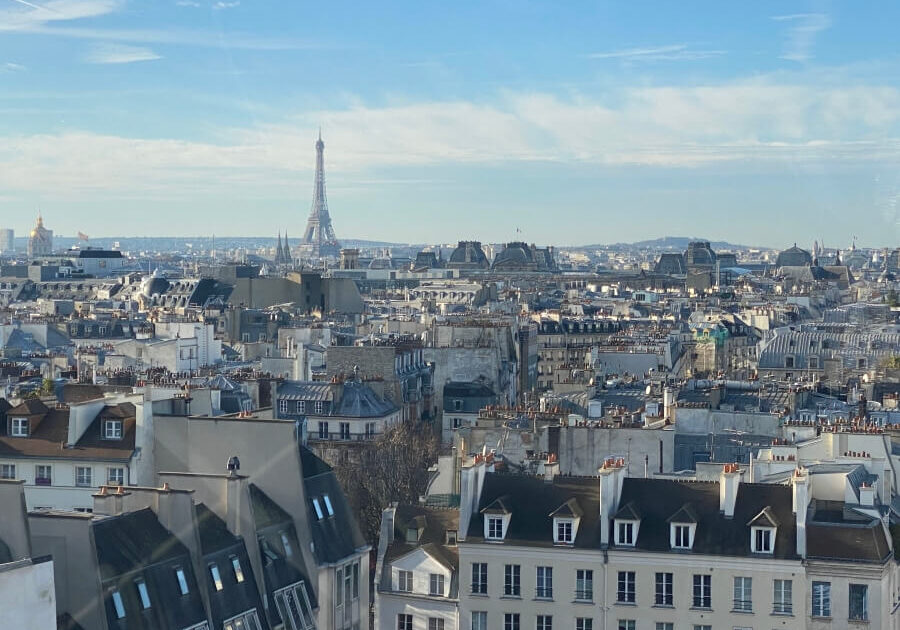 View of the Eiffel Tower over the rooftops of Paris