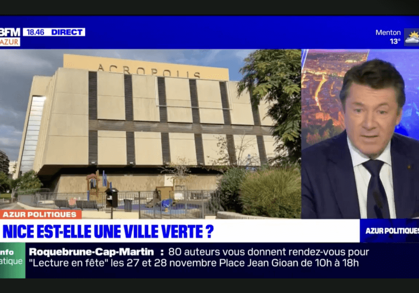 "Christian Estrosi defends the demolition of the TNN and the Acropolis, an interview on BFM TV" https://www.bfmtv.com/cote-d-azur/replay-emissions/azur-politiques/christian-estrosi-defend-la-demolition-du-tnn-et-d-acropolis-l-equivalent-de-deux-usines-a-beton-en-coeur-de-quartier_VN-202111250491.html
